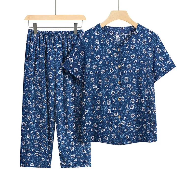 中老年人女装妈妈夏季短袖套装奶奶棉绸衣服两件套夏天老人衣服女
