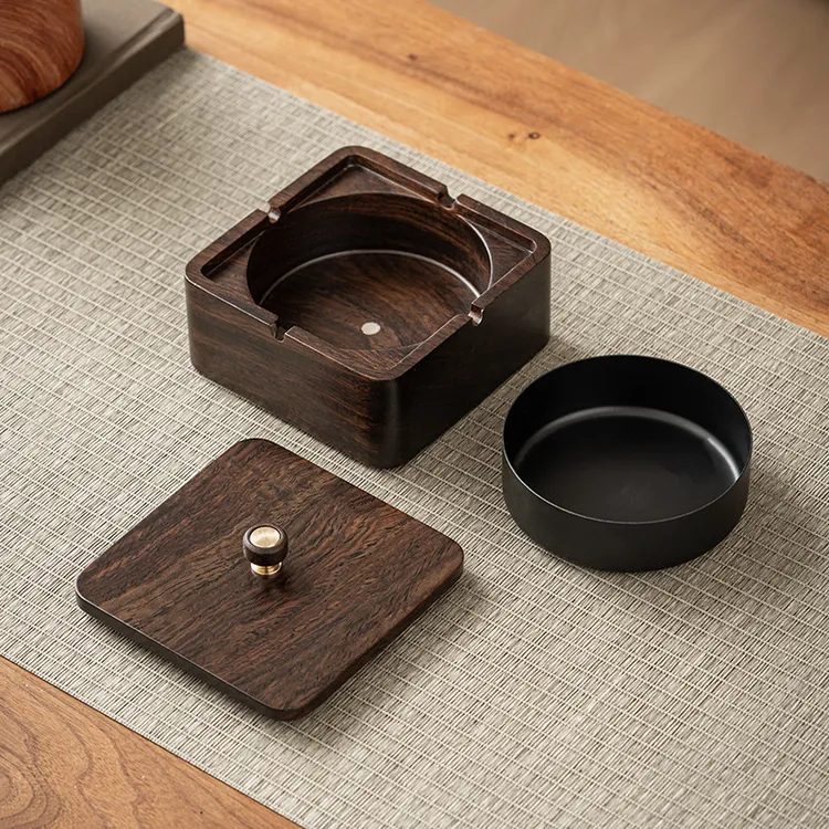 实木烟灰缸带盖防飞灰家用客厅高档烟缸木质中式茶室茶台烟灰缸