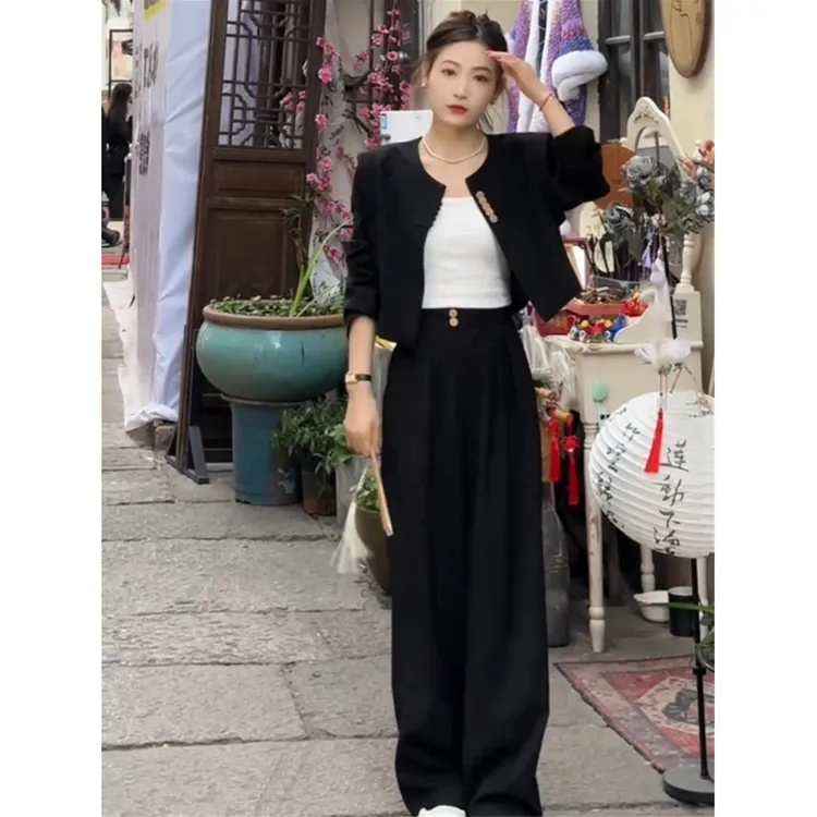 2024新中式国风盘扣外套宽松阔腿裤茶系穿搭时尚套装港式复古高街