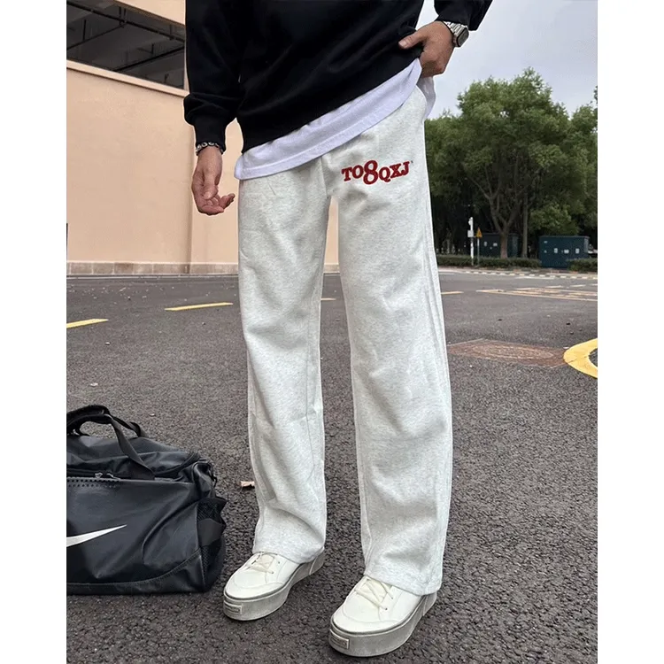 美式直筒运动裤百搭男士2024年秋冬季宽松潮牌休闲抽绳阔腿长裤子