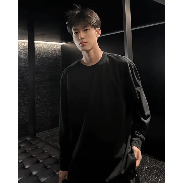 美式休闲潮流高街复古设计感打底衫男款秋季新款纯色纯棉长袖T恤