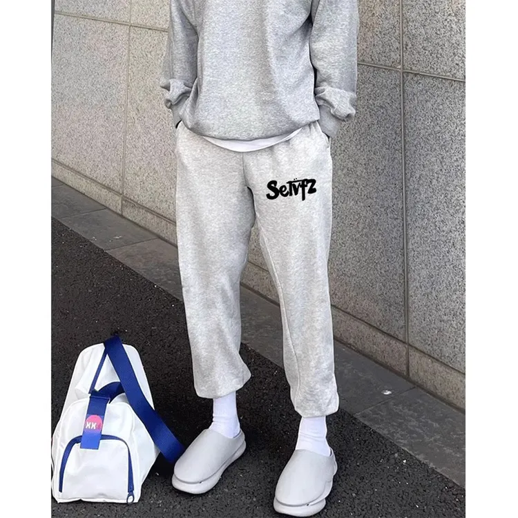 春秋新款简约黑色运动休闲九分长裤男美式高街宽松百搭直筒束脚裤