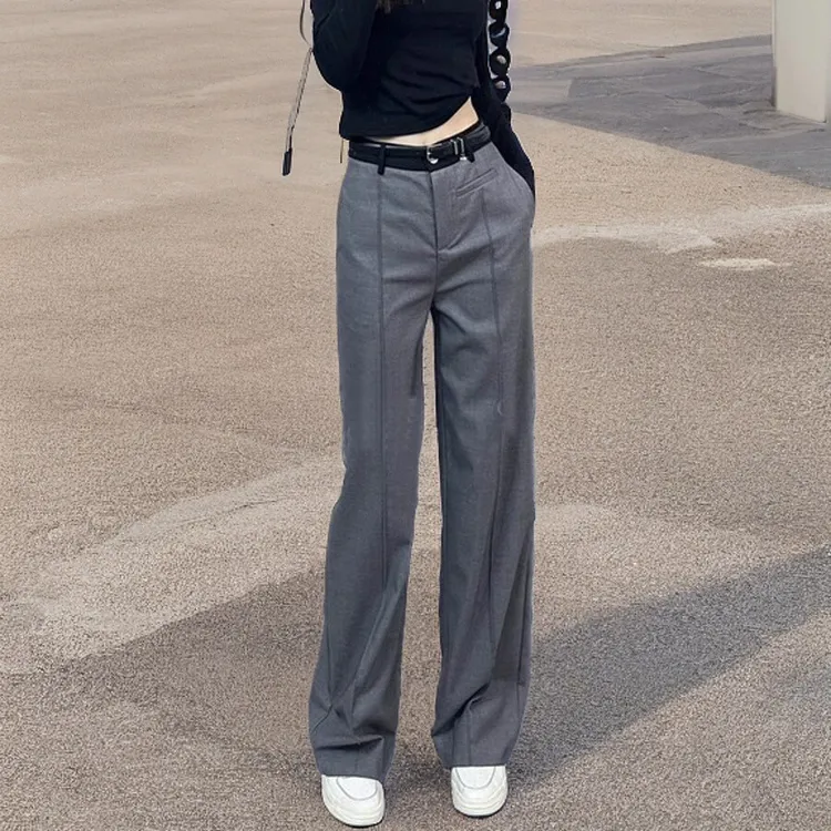 春夏新款百搭直筒西装裤女设计感高腰显瘦窄版休闲裤女灰色垂感