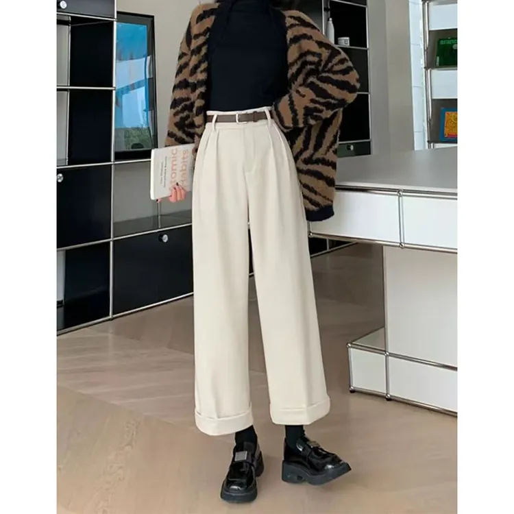 2025秋冬新款爆款毛呢阔腿裤女宽松高腰显瘦时尚气质百搭直筒裤子