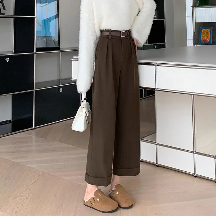 休闲裤女2025秋冬新款高腰显瘦宽松舒适百搭哈伦裤毛呢直筒裤子潮