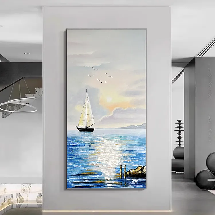 手绘油画《杨帆启航》入户玄关装饰画高端奶油风现代走廊过道挂画