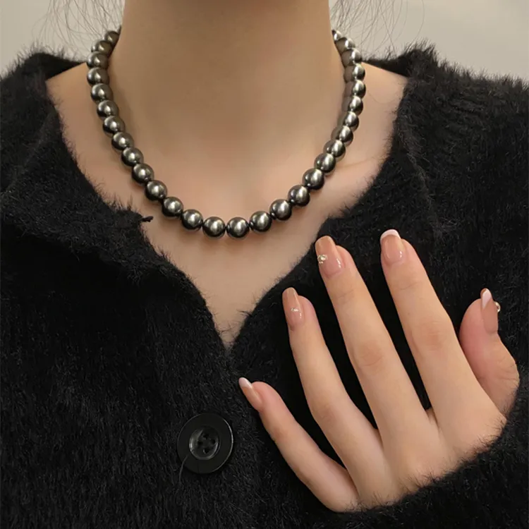 链子925银 大溪地黑项链女纯银小众高级感毛衣链小米粒珠锁骨链