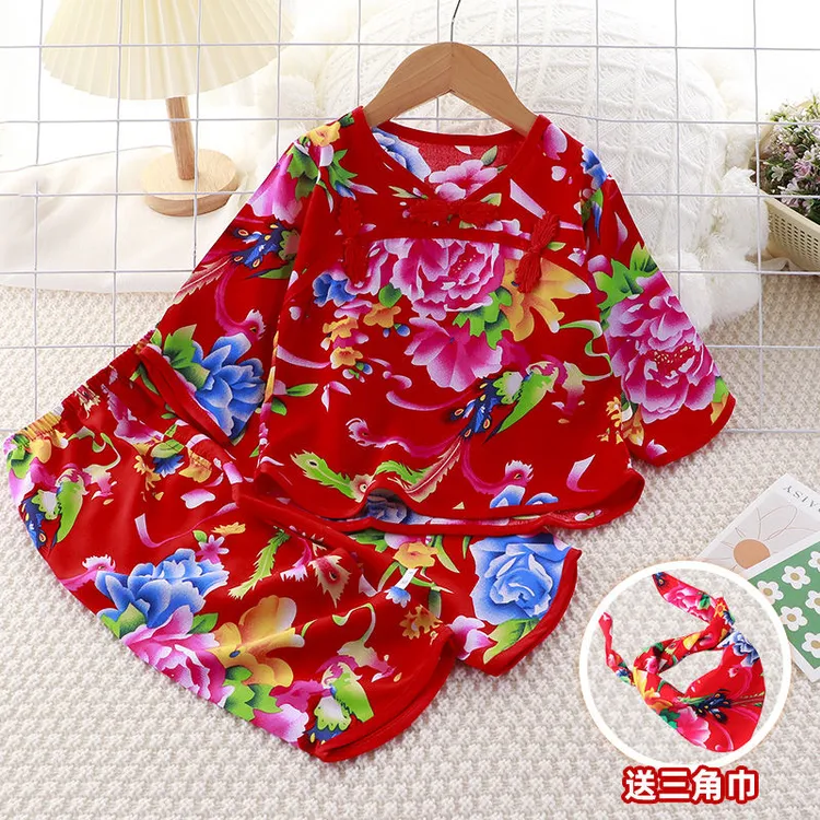 夏季女童棉绸东北大花套装儿童空调睡衣绵绸长袖宝宝衣服家居外出