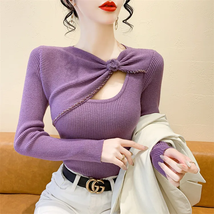 实拍2024秋冬爆款重工钉钻不规则蝴蝶结针织衫内搭百搭打底上衣