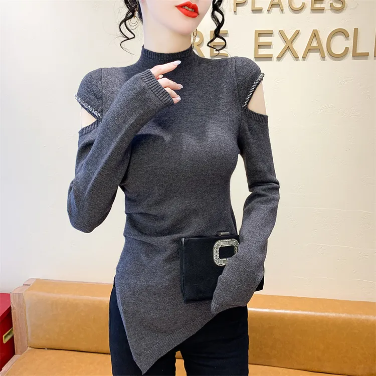 实拍半高领毛衣女皮草内搭秋冬针织衫露肩不规则外穿设计感上衣