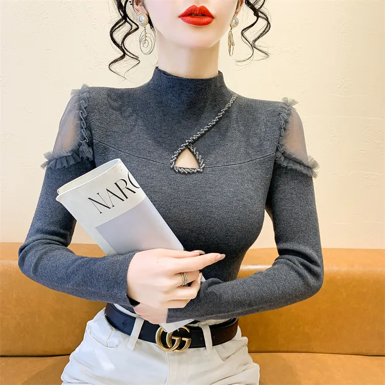 实拍半高领毛衣女性感镂空钉珠秋冬新款时尚网纱拼接长袖针织衫