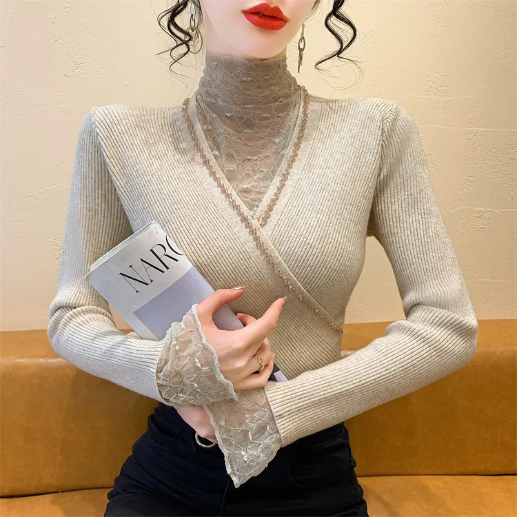 实拍2025冬季新款交叉喇叭袖重工钉钻假两件蕾丝拼接针织衫毛衣