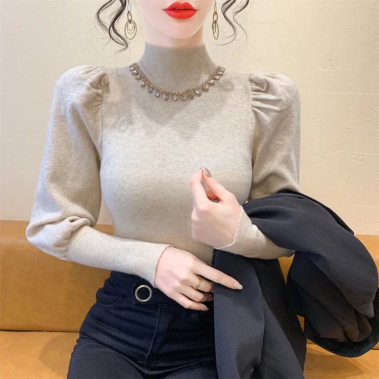 实拍 上档次法式复古半高领钉钻打底针织衫女内搭新款灯笼袖毛衣