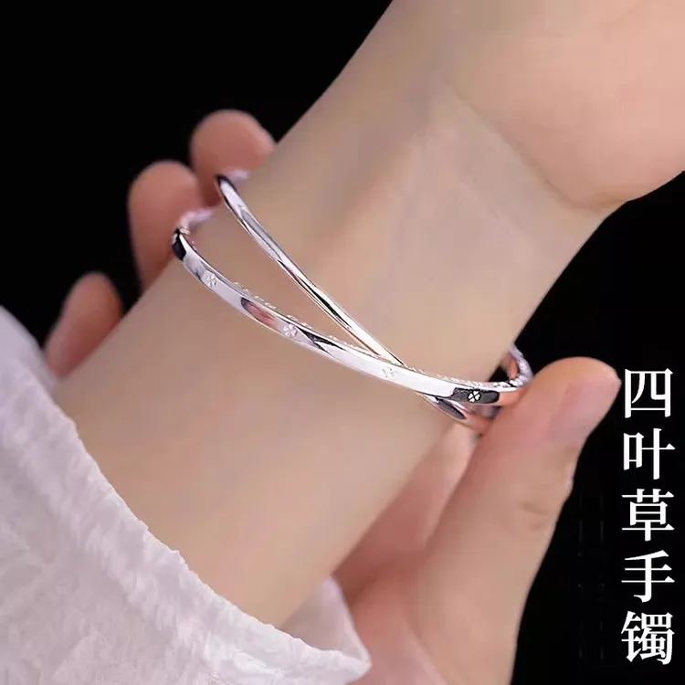 足银手镯 四叶草气质手镯女纯银999.9实心轻奢小众生日礼物送女友