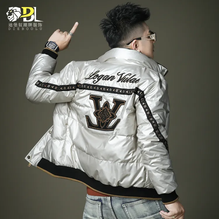 欧洲站潮牌重工刺绣羽绒服男冬季保暖防寒男士白鸭绒高端立领外套