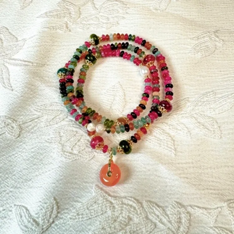 【钰朱阁】彩色碧玺三圈设计款平安扣手串J7346