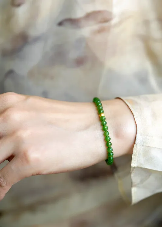 小米手串纯天然和田玉碧玉手链女18K金玉石手串弹力4毫米礼物上品