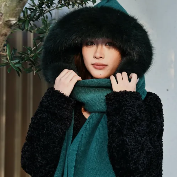 超大加厚帽子围巾一体女士保暖羊绒披肩连帽防寒毛绒针织围脖冬