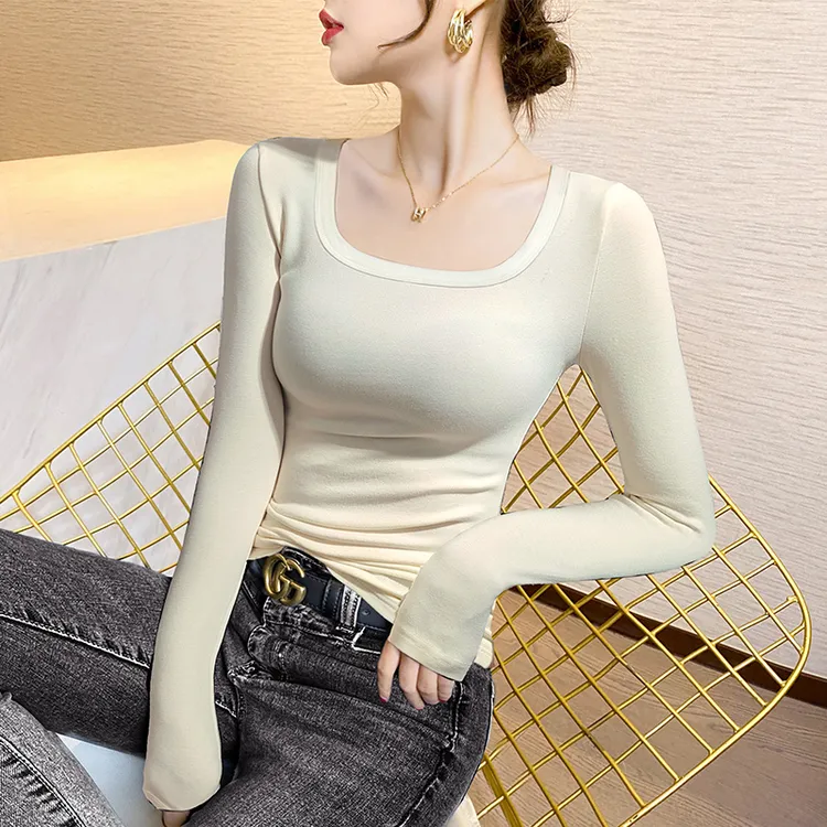 螺纹方领长袖T恤女修身显瘦内搭2025春季新款紧身低领打底衫上衣 
