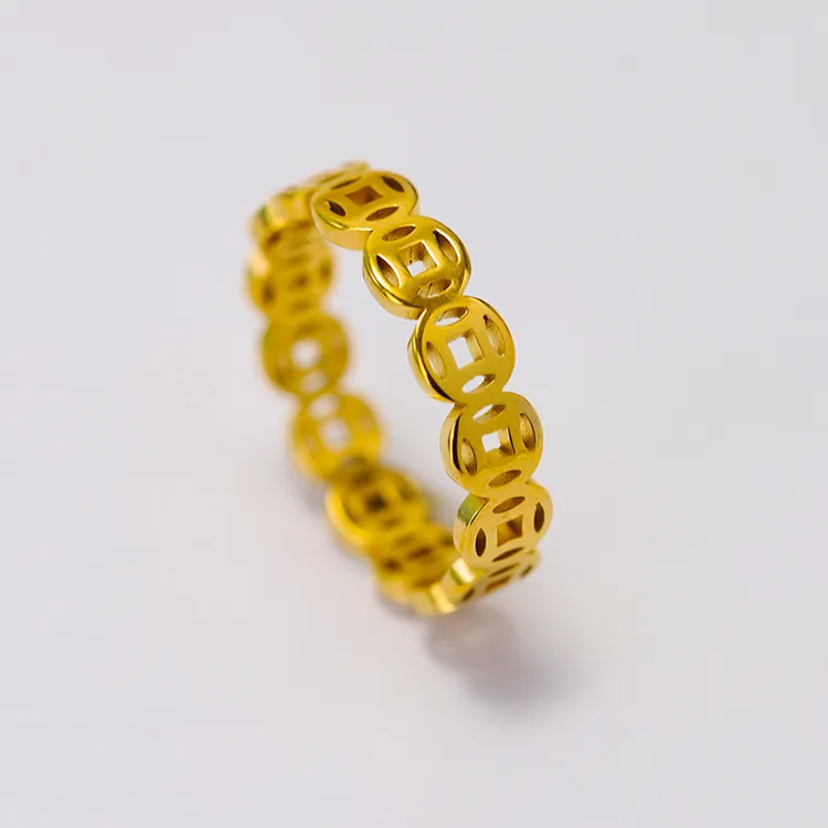 钛钢戒指 不掉色-新中式国风铜钱戒指编织复古环环相扣指环