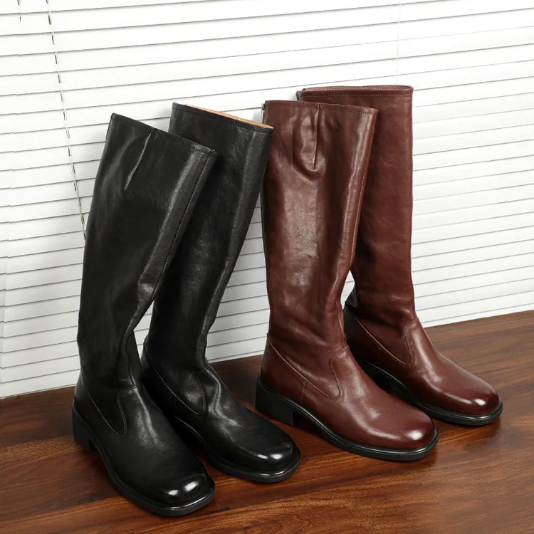 介子·皮匠水洗马皮长筒靴女真皮高跟长靴高筒皮靴冬季加绒瘦瘦靴