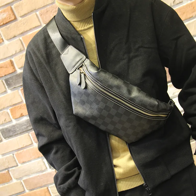 男士新款大容量格子牛皮真皮胸包腰包高品质时尚单肩包休闲小挎包