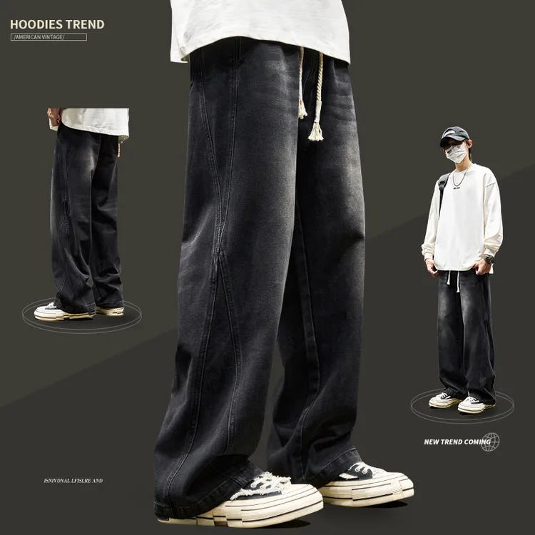 牛仔裤男2025新款美式高街复古vibe直筒弯刀裤宽松拼接水洗工装裤