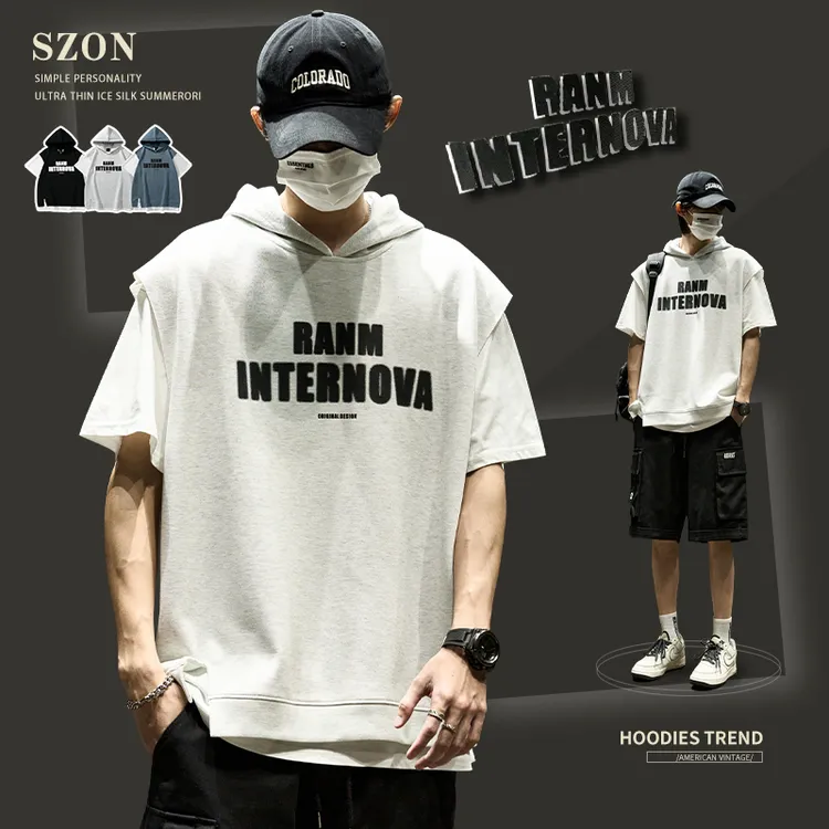t恤男夏季美式潮牌个性拼接撞色字母体恤宽松潮流连帽假两件短袖