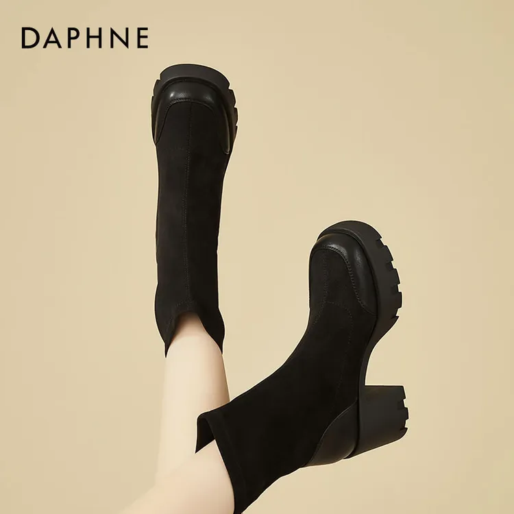 达芙妮磨砂靴子女绒面短靴2025新款春秋单靴早秋粗跟高跟鞋瘦瘦靴