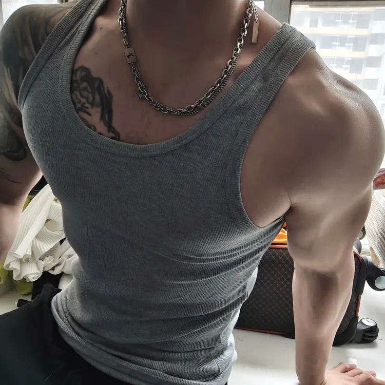 夏季美式重磅粗螺纹背心230g健身运动外穿训练打底男弹力透气