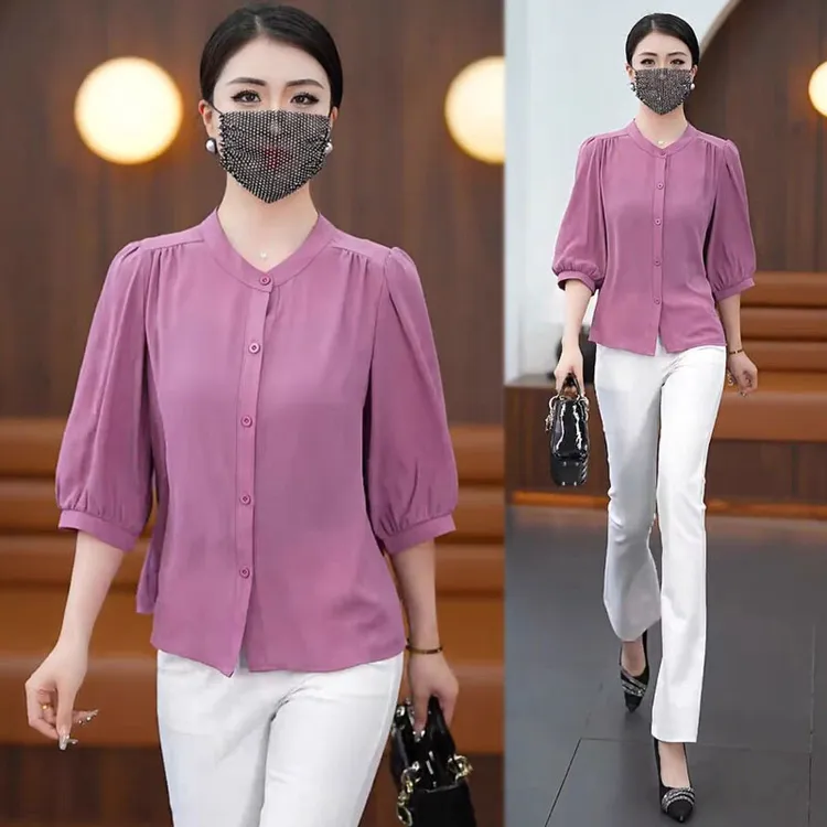 【八色多码】夏季七分袖薄款纯色衬衫大码显瘦宽松遮肚洋气减龄上衣