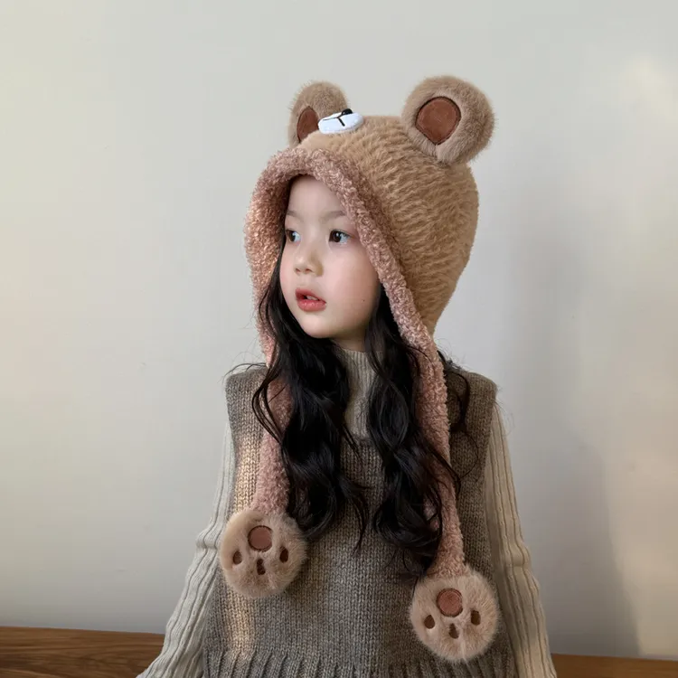 女童帽子2025新款冬季儿童毛绒帽保暖防寒秋冬季女孩毛线帽一体帽