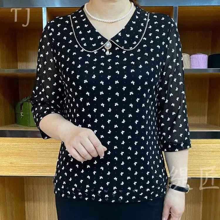 大码中老年妈妈装2025夏季新款宽松遮肉复古显瘦娃娃领七分袖上衣