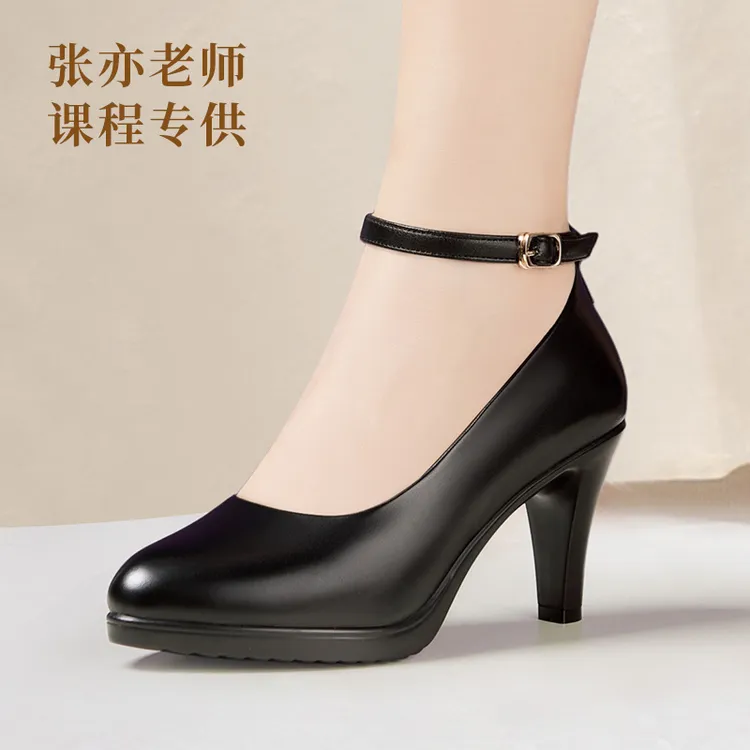 【张亦老师】黑色软底走秀鞋真皮舞台细跟百搭高跟鞋女舒适职业防滑