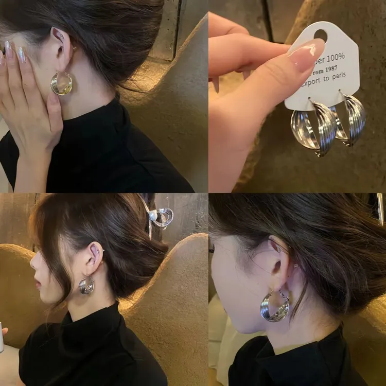 合金耳饰 小众素款高档金属耳环复古港风感圆形耳圈耳钉气质耳扣