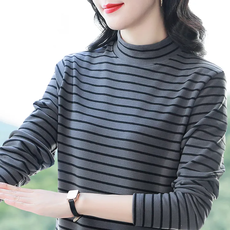 秋冬新款半高领德绒打底衫大码宽松百搭条纹T恤女装保暖遮肉上衣