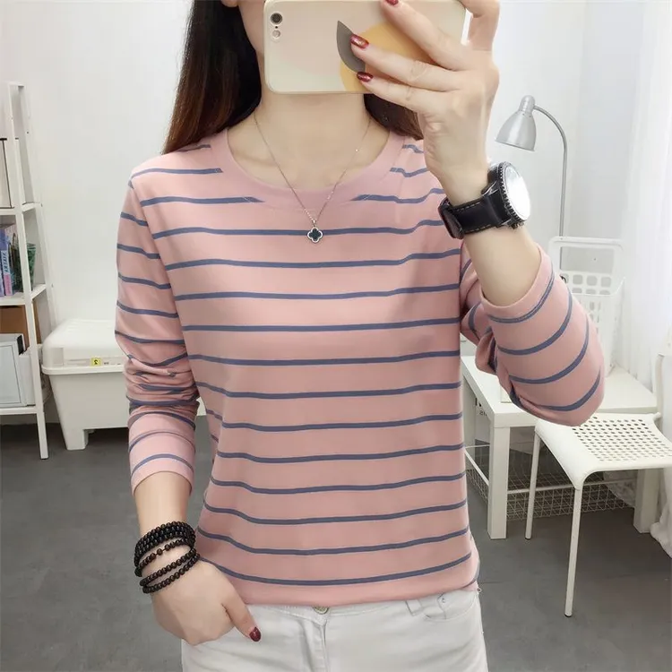 棉质条纹长袖T恤女打底衫2024春秋新款大码宽松显瘦百搭洋气上衣