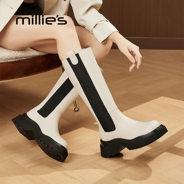 妙丽烟筒长靴女2025新款冬季加绒保暖长筒靴不过膝厚底高筒骑士靴