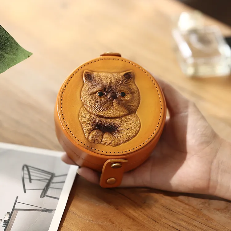 小生有米高档小猫咪雕画收纳盒植鞣牛皮复古真皮迷你化妆饰品盒子