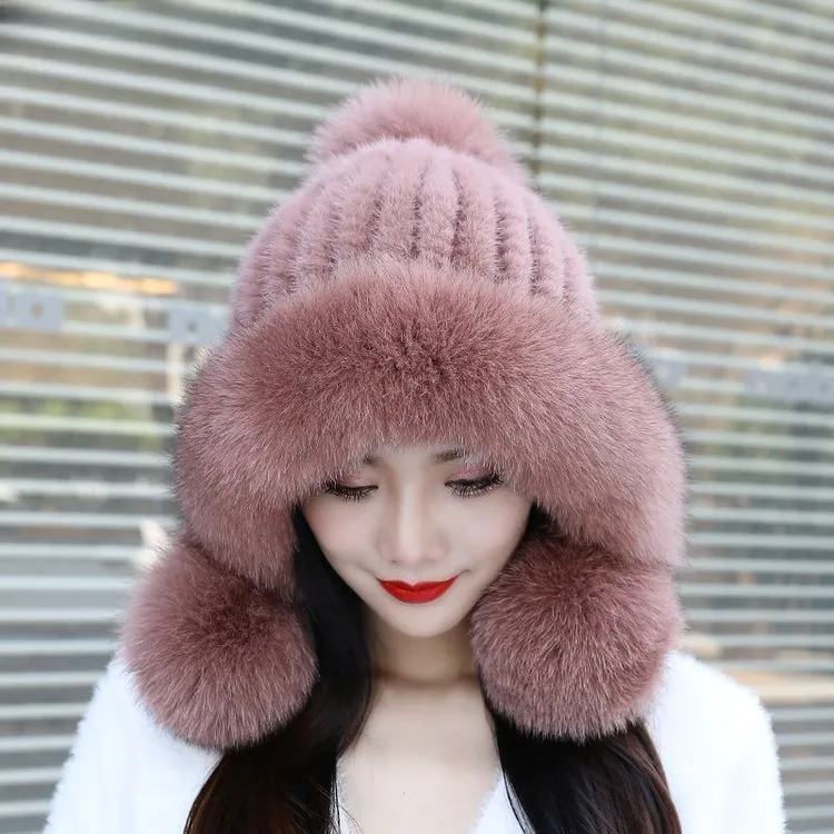 狐狸毛渔夫帽水貂帽貂毛水貂时尚冬天韩版潮加厚百搭皮草针织冬女