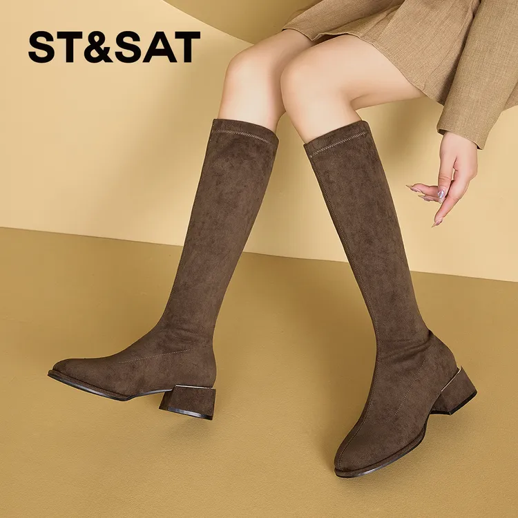 星期六绒面粗跟长靴女2025秋新款不过膝骑士靴胖mm显瘦高跟弹力靴