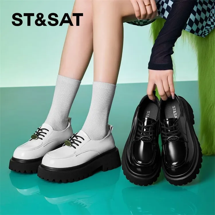 星期六时尚系带乐福鞋女2025秋季新款圆头舒适百搭英伦通勤小皮鞋