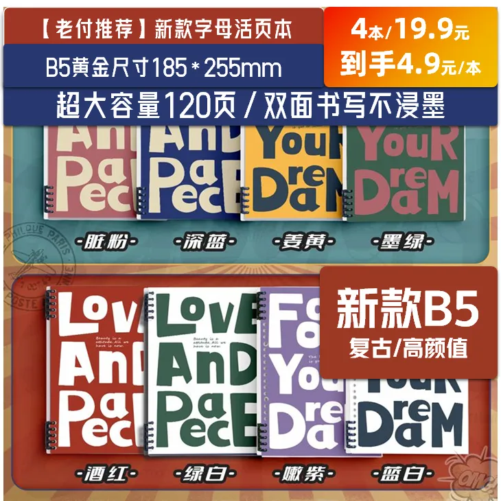 【4本19.9】破价4.9元/本大容量120页新款字母双面书写B5活页本