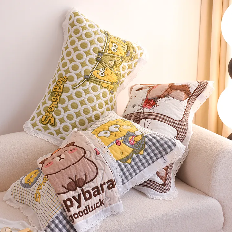 花边纯棉纱布枕巾一对装高档卡通可爱家用柔软透气全棉枕头巾网红