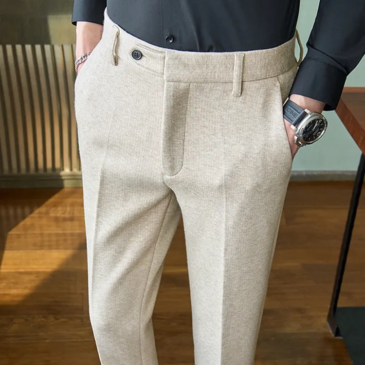 男裤子高端加厚羊毛呢子秋冬季磨毛杏色米色修身小脚毛料休闲西裤