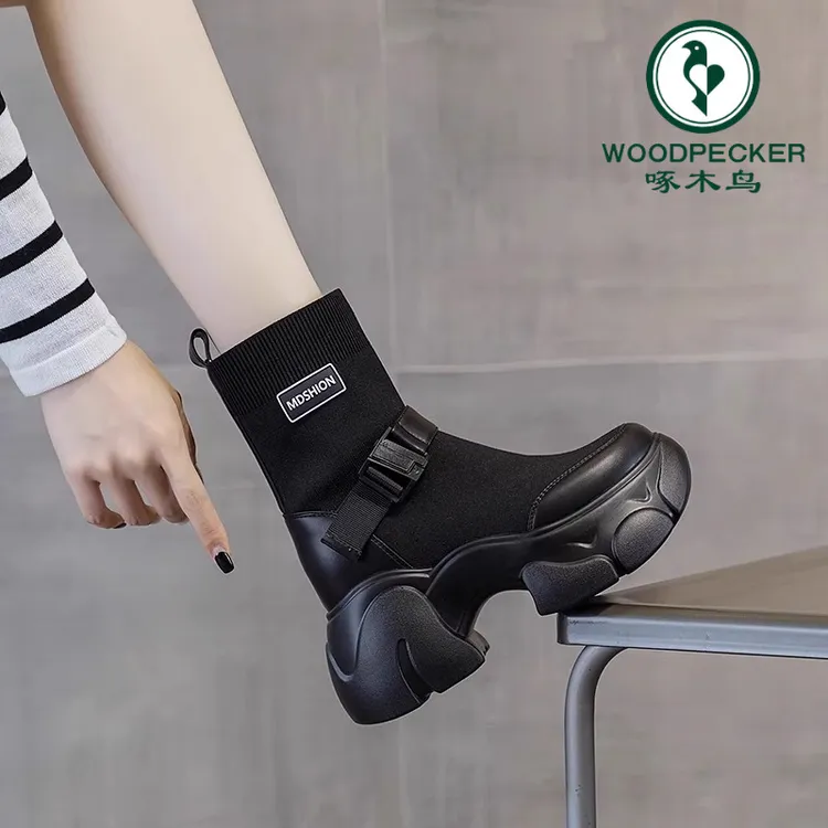 啄木鸟内增高弹力袜子马丁靴女鞋2024新款百搭中筒靴厚底高跟短靴