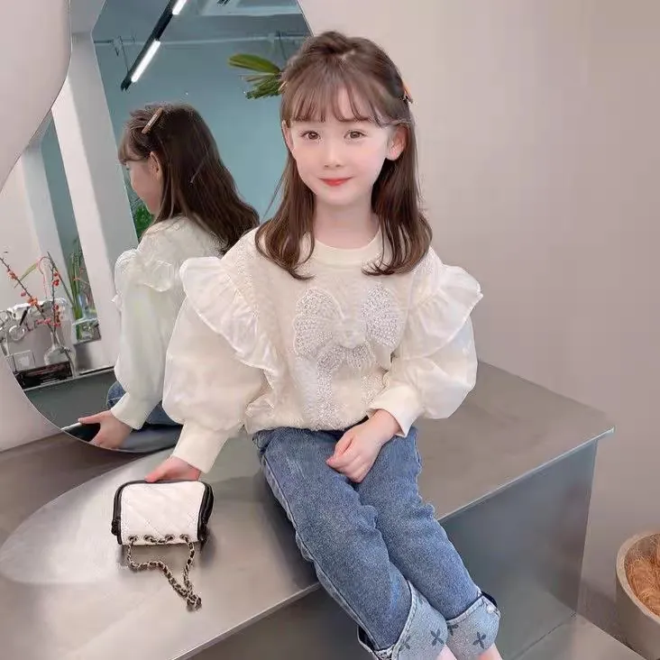 女童卫衣女童春秋新款小女孩男童洋气蝴蝶结长袖上衣气质卫衣8008