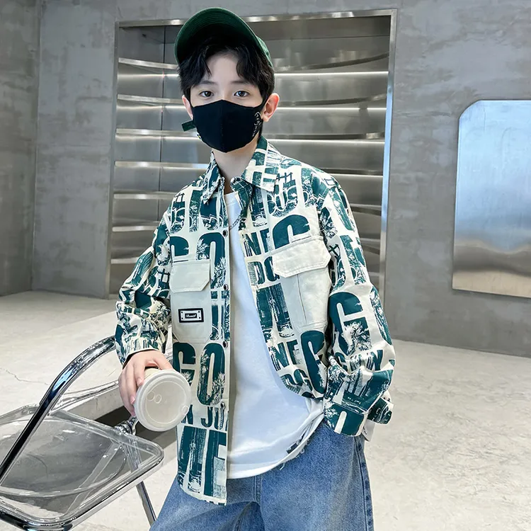 男童春季工装字母衬衫长袖2024新款6-12岁儿童春秋薄款外套翻领潮