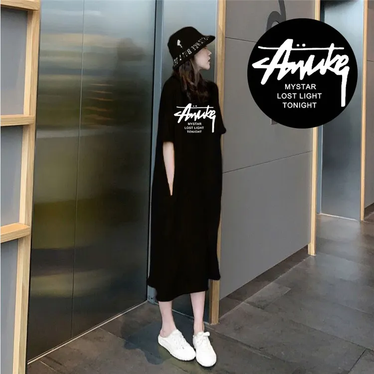 纯棉短袖长款t恤裙女欧货大版宽松夏季大夏季大码遮肚宽松显瘦T恤