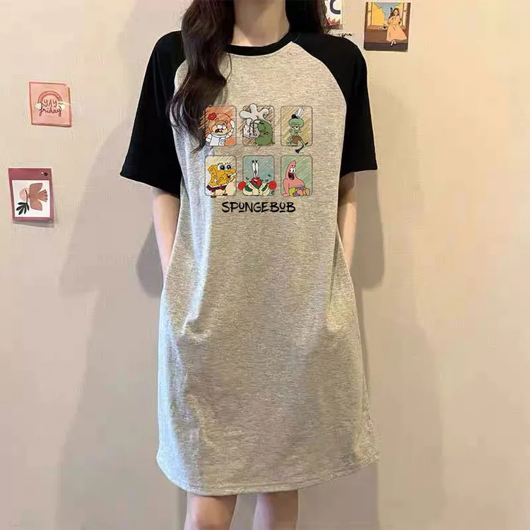 大码纯棉短袖t恤裙女宽松过膝长裙时尚连衣裙中大码女装夏季T恤